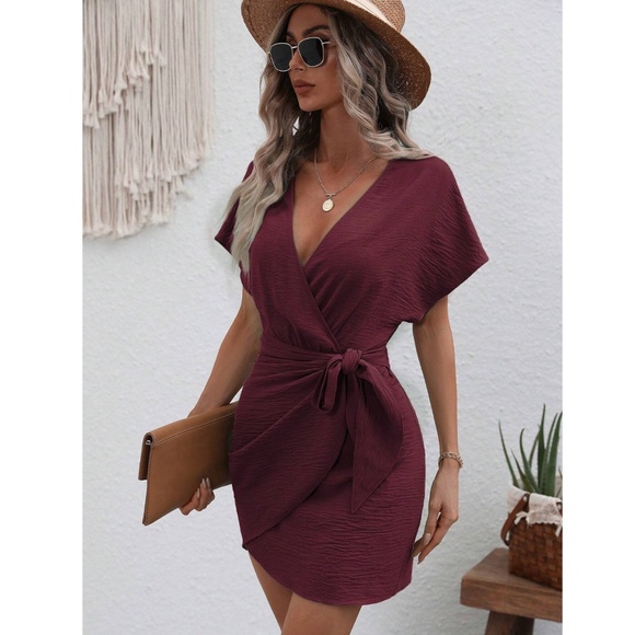 Burgundy Wrap Side Tie Mini Dress Short Sleeves - Picture 4 of 9